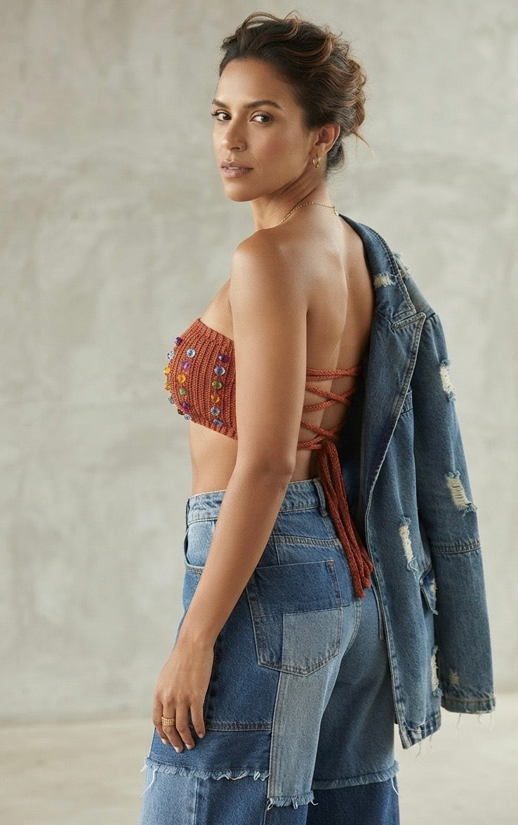 Zara Limited Edition terracotta beaded knit bandeau crop top fit S-M